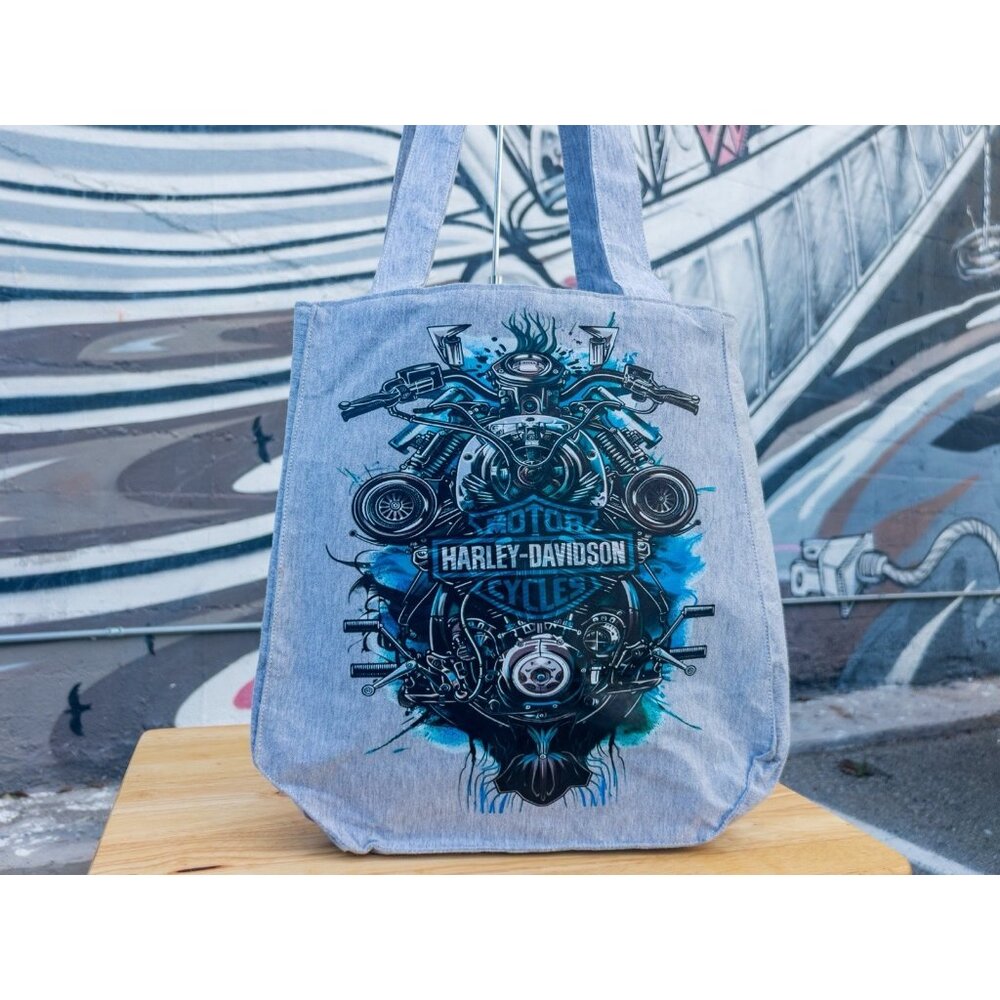HARLEY DAVIDSON Vintage Tote Bag - Grey With Retro Graphic Print